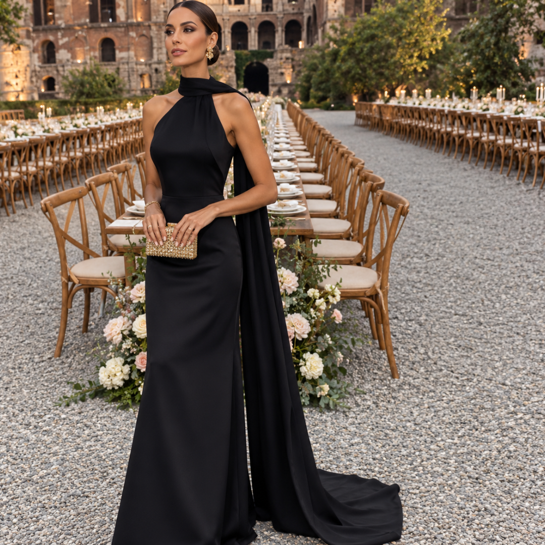 Vestido Largo de Satén con Cuello Halter y Capa