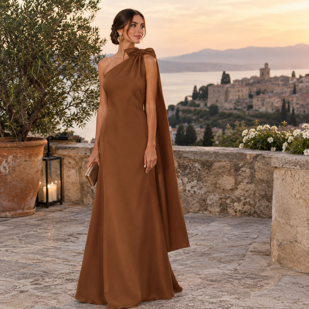 Vestido Largo de Satén con Cuello Halter y Capa
