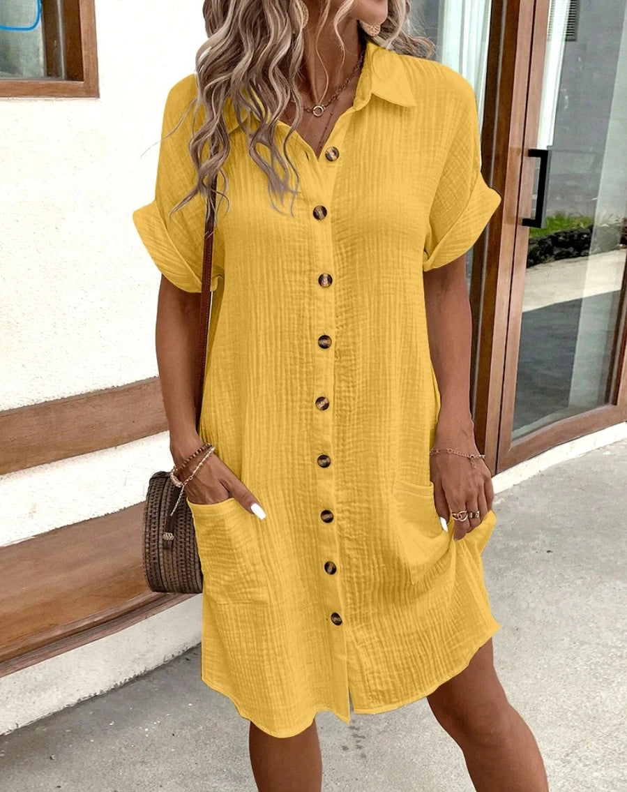 Vestido Corto Vintage con Escote en V y Bolsillos