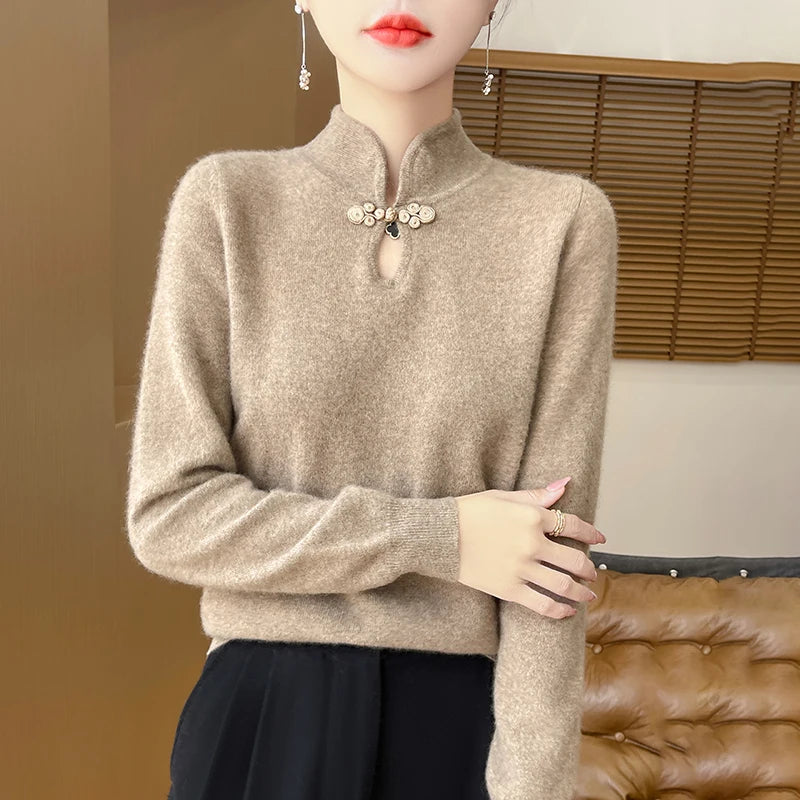 Jersey de Punto con Cuello Mao y Botones