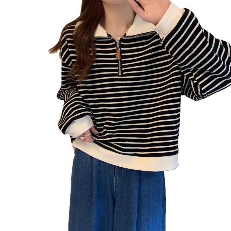 Sudadera de Rayas con Media Cremallera y Cuello Polo