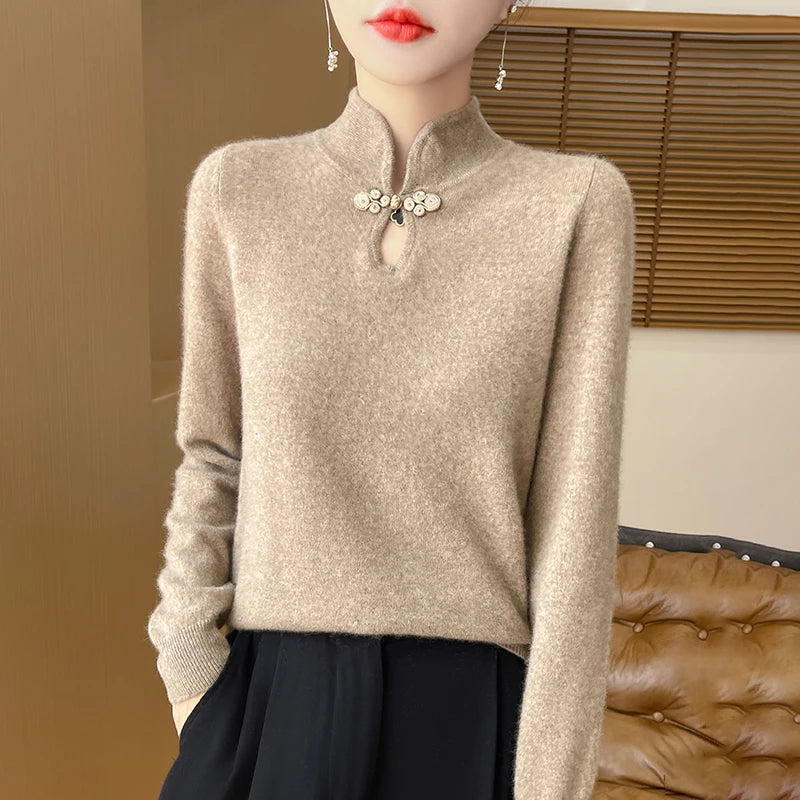 Jersey de Punto con Cuello Mao y Botones