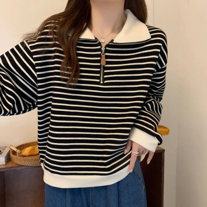 Sudadera de Rayas con Media Cremallera y Cuello Polo