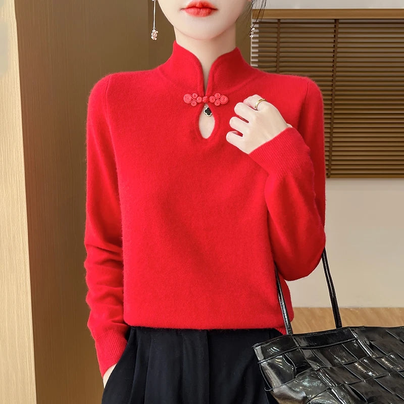 Jersey de Punto con Cuello Mao y Botones