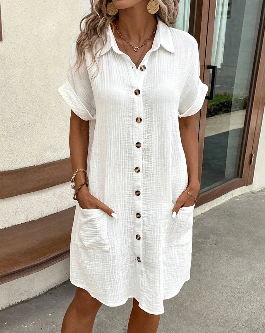 Vestido Corto Vintage con Escote en V y Bolsillos