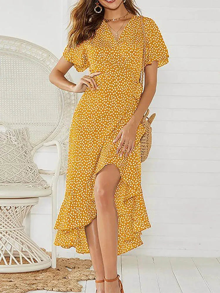 Vestido Largo Boho de Gasa Estampado con Volantes