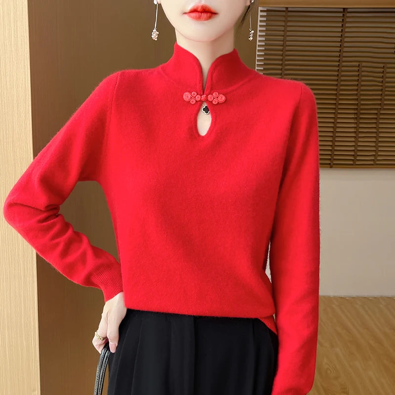 Jersey de Punto con Cuello Mao y Botones