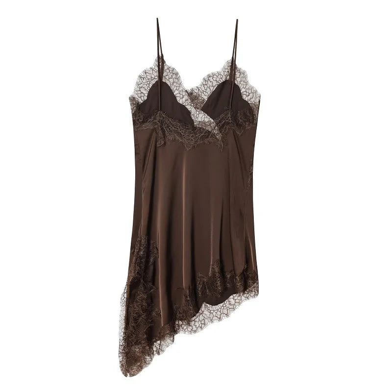 Minivestido Lencero Satinado con Encaje y Espalda Abierta