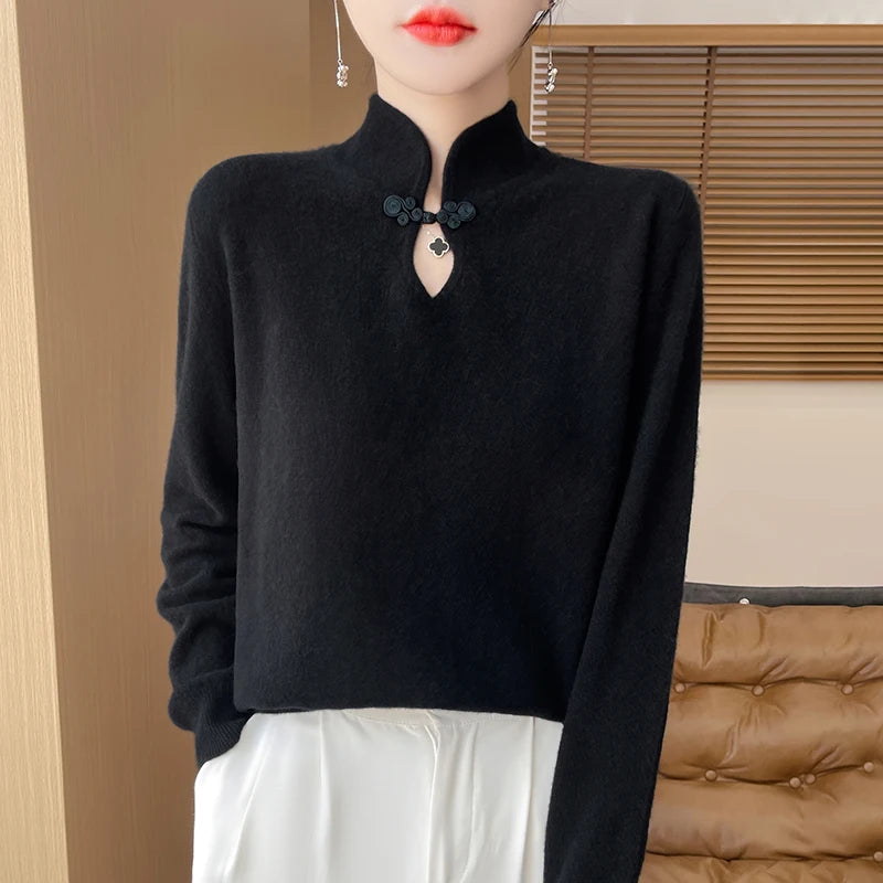 Jersey de Punto con Cuello Mao y Botones