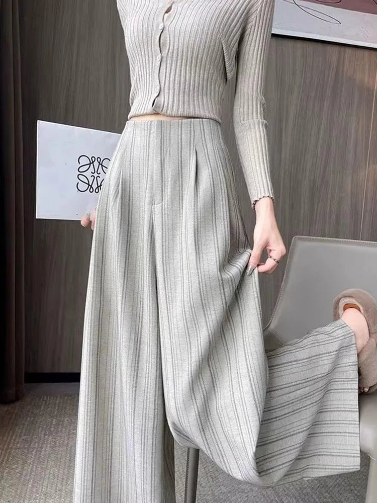 Pantalón Ancho de Rayas de Tiro Alto