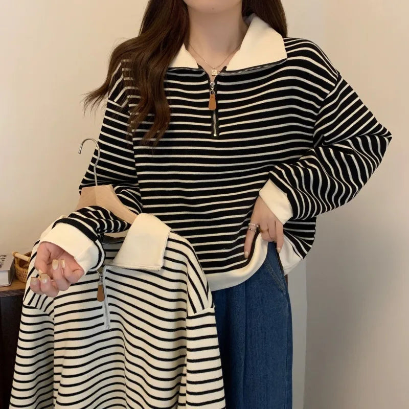 Sudadera de Rayas con Media Cremallera y Cuello Polo